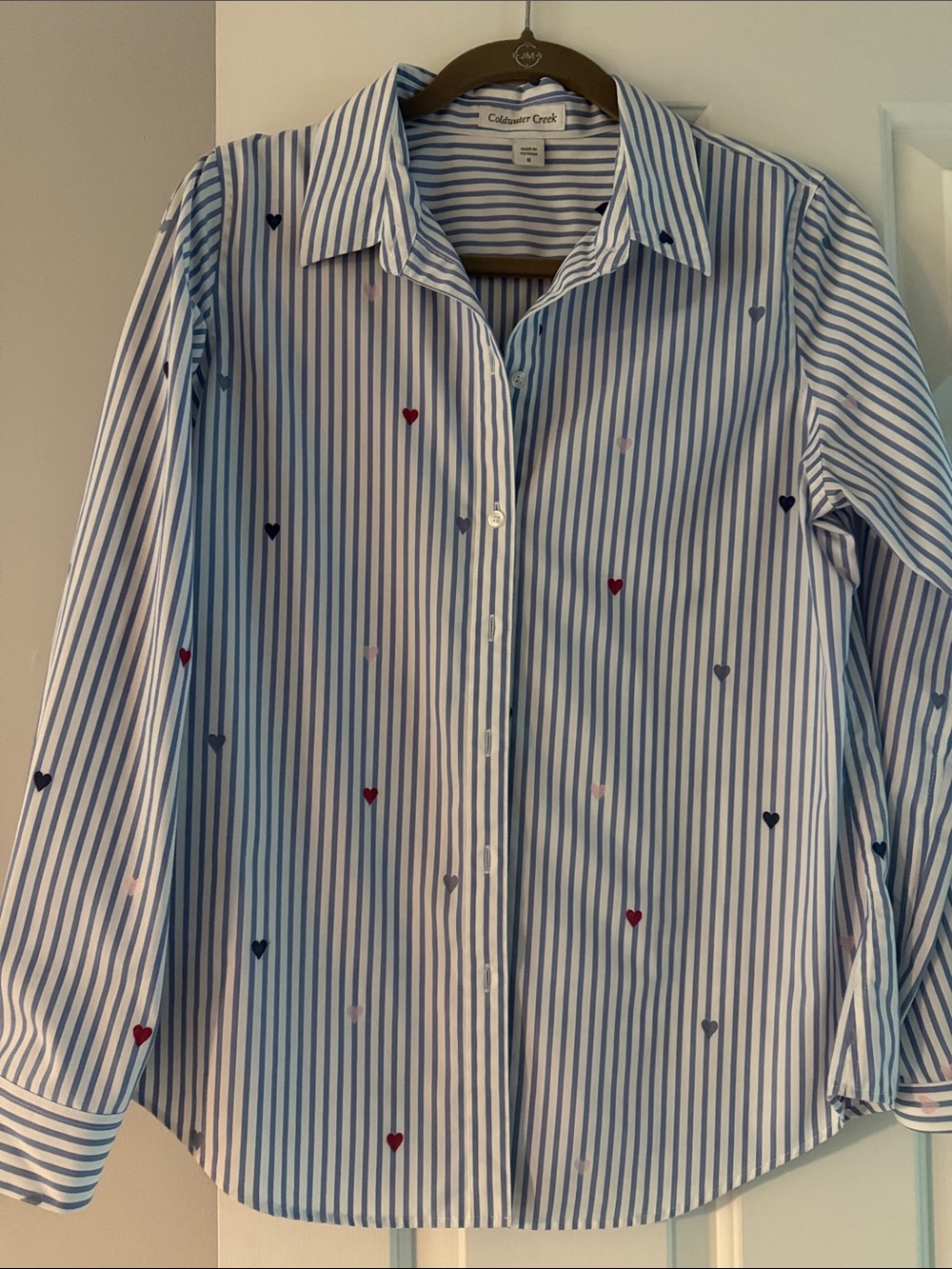 Coldwater Creek Blue and White Striped Button-Up Shirt with Multicolor Hearts